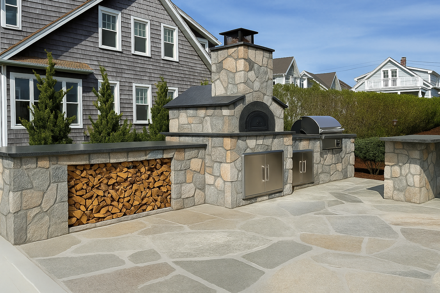 Stone outdoor kitchen with oven and grill—an outdoor living project delivered by top masonry services.