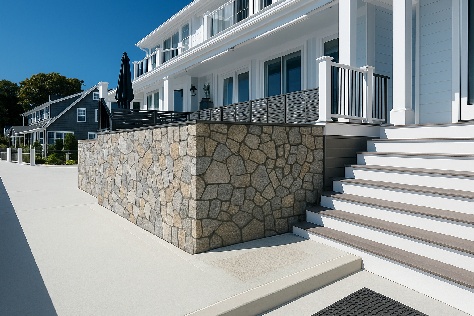 Decorative stone retaining wall highlighting premium masonry services on a coastal-style home.