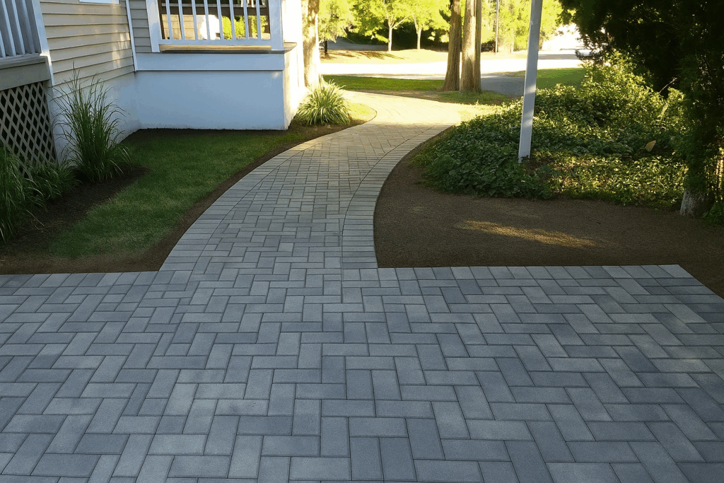 Precision walkway with herringbone pavers—an example of quality masonry services for residential paths.