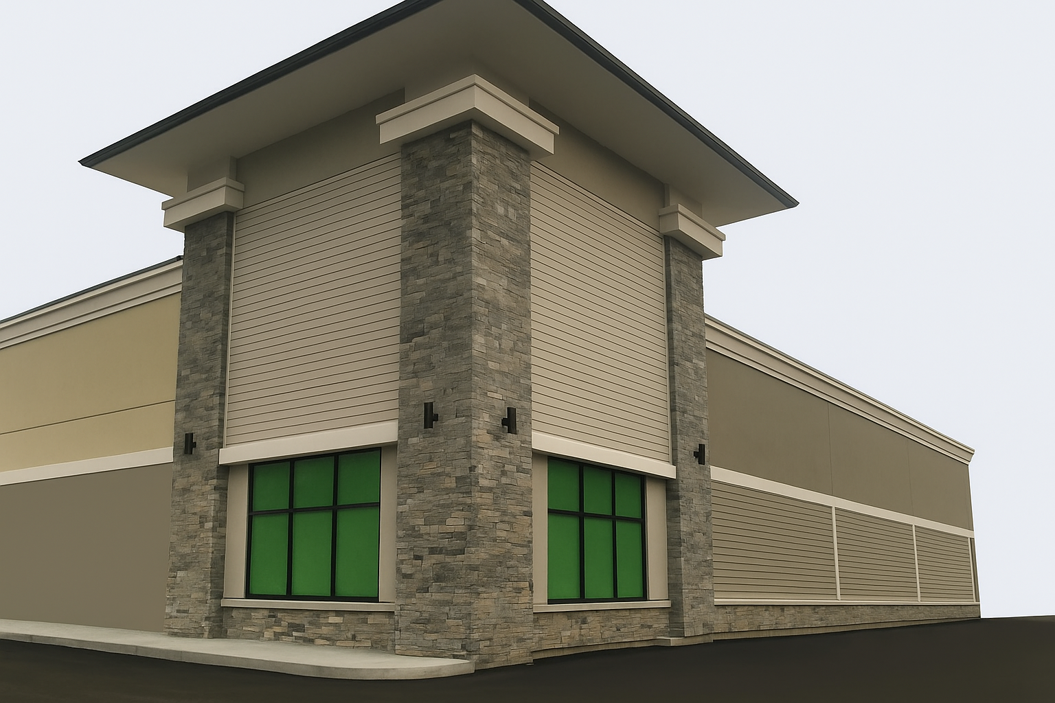 Commercial façade featuring elegant stone columns, showcasing professional masonry services.