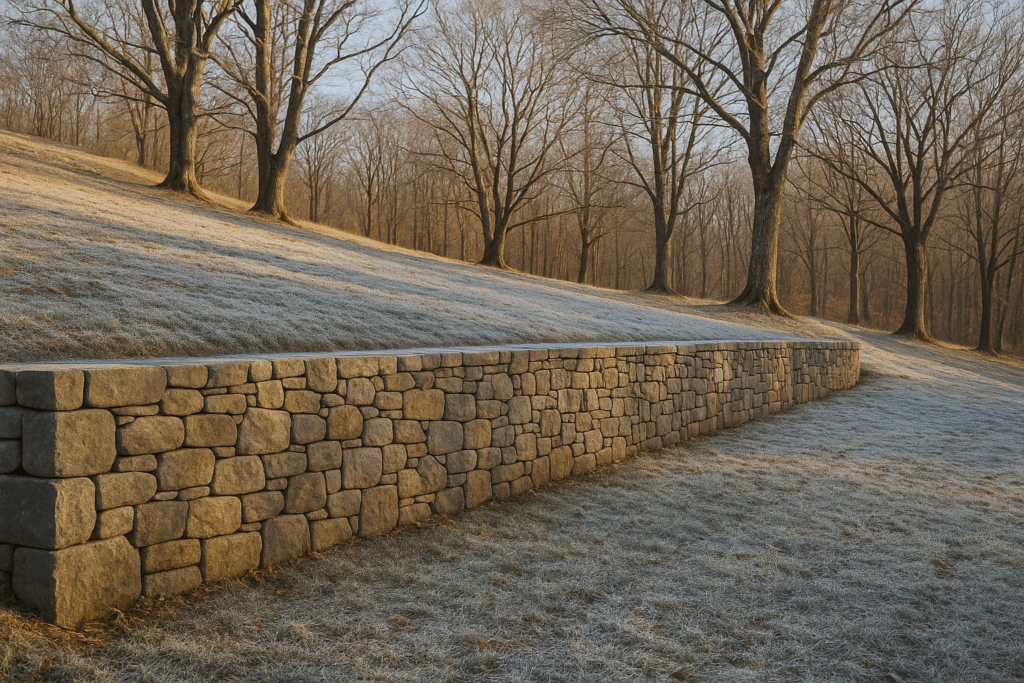 Expertly built retaining stone wall on a frosty hillside—showcasing the quality behind our trusted masonry contact Connecticut.
