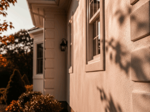 Exterior wall showcasing high-quality masonry solutions for stucco finishing in a residential home at sunset.
