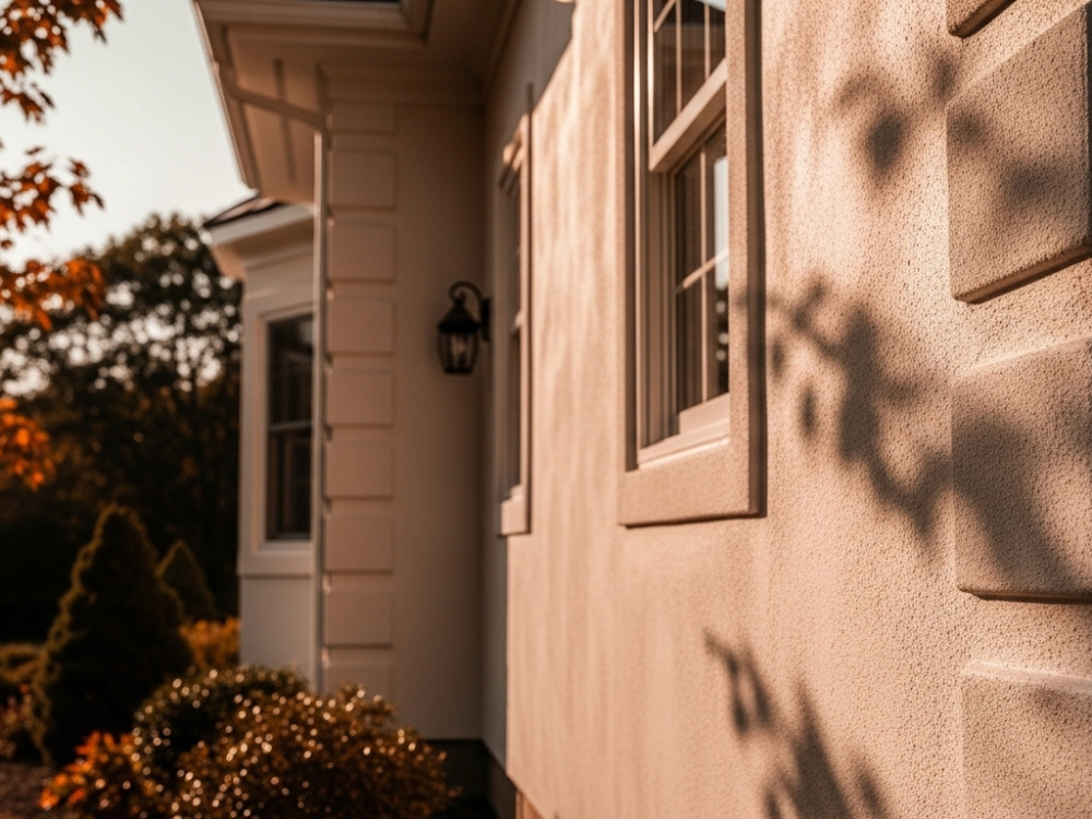 Exterior wall showcasing high-quality masonry solutions for stucco finishing in a residential home at sunset.
